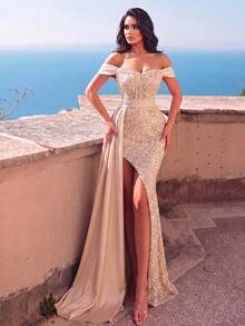 Haute Glamour Luxury Off-Shoulder Draped Side Slit Thigh Sequin Formal Party Dress - Champagne - View 7