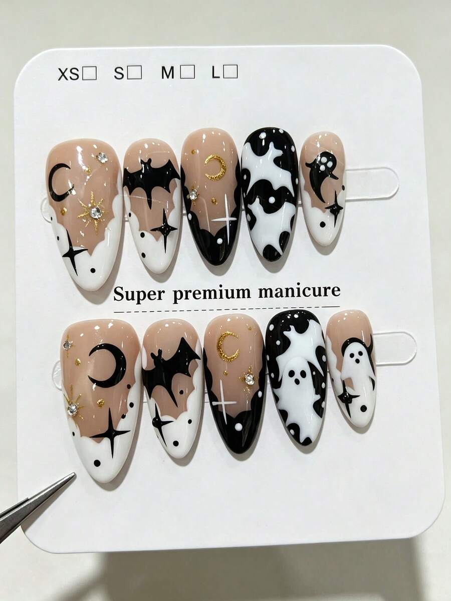 10pcs Pure Handmade Almond Press On Nails,Halloween Gothic Cool Style,Nude Color Gradient Smudge,Bat Moon Star Ghost Hand-Drawn Line Patterns With Rhinestone Decoration For Women And Girl,Spring Summer Fall Winter Festivals Party And Daily Life Use - Multicolor - View 1