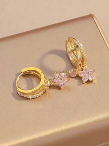 1 Pair Elegant Sweet Pink Flower Bead Fashion Luxury Unique Design Women's Earrings, Clover And Double Layer Pave Diamond Pendant, Designed For Women, Symbolizing Love And Good Luck, Double Pendant Earrings - Gold - View 2