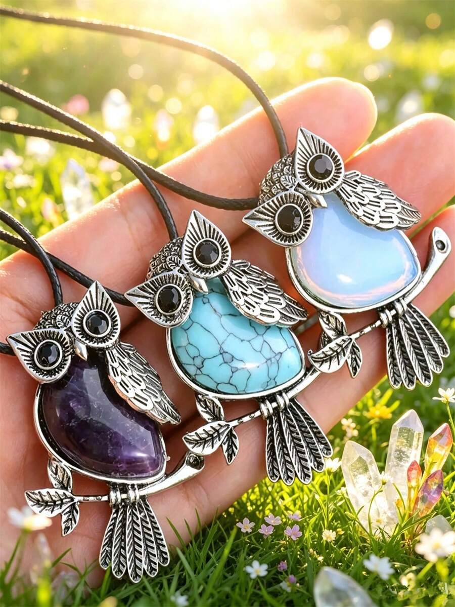 1/5/10/20/50pcs Multi-Color Fashion Metal Inlaid Natural Crystal Owl Pendant Necklace, Natural Amethyst, Suitable For Women's Daily Wear - Owl - View 1