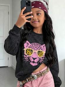 Y2K Cool Girl Washed Sweatshirt, Pink Leopard Print With Leopard Glasses Graphic, Vintage Autumn/Winter Campus Top - Black - View 7