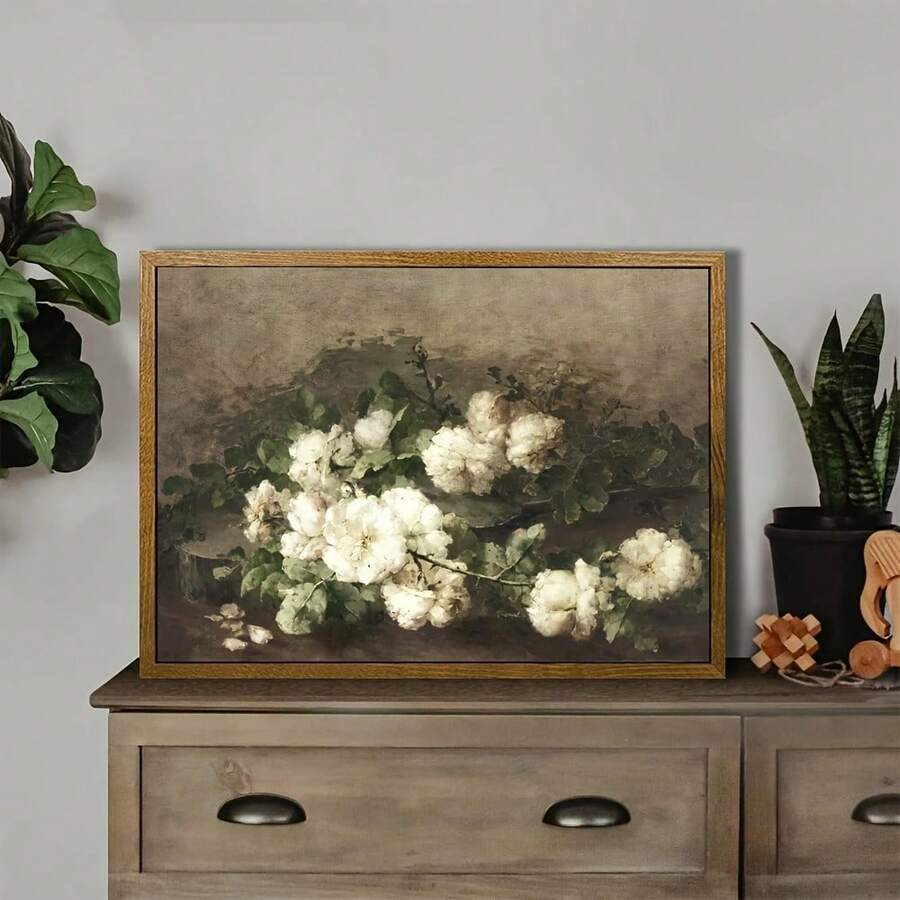 1pc Unframe, Vintage Art, Botanical Beautiful White Flower Printing Art In The Room, Flower Wall Art, Home Decoration, Suitable For Living Room, Bedroom, Study, Corridor Decoration, Perfect Gifts - A - View 1