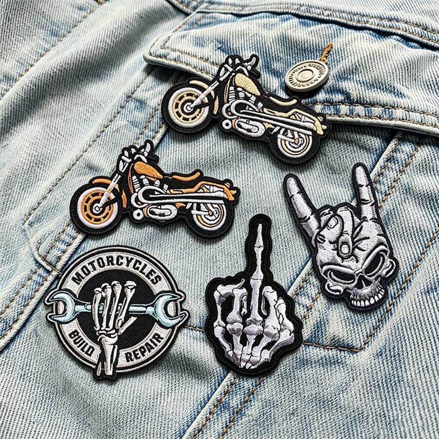 5 Pcs Biker Gothic Iron On Embroidered Patch,Motorcycle Skeleton Rock Applique, Punk Streetwear Badge For Denim Jacket Backpack Hat Clothes DIY Mending Decor Accessory - Multicolor - View 1