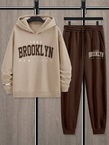 Youth Boy Letter Print Warm Hoodie And Pants Set - Apricot - View 3
