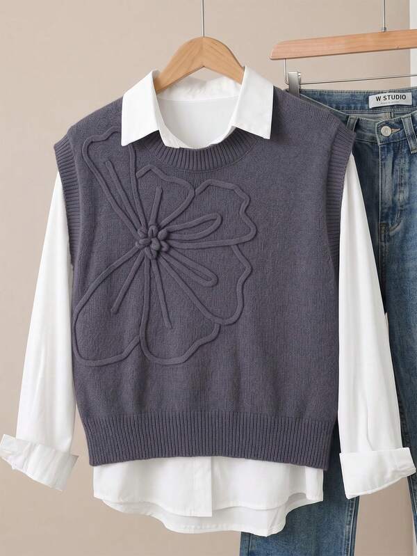 Girls' Grey 3D Floral Knit Vest, Spring/Autumn Round Neck Sleeveless Sweater, Versatile Layering Top For Big Girls