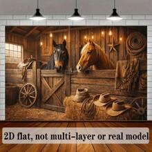 2D Flat Cowboy Horse Racing Theme, Vintage Stable Style, Includes Wooden Fence, Cowboy Hat, Haystack, Vintage Carriage Wheel, Suitable For Indoor And Outdoor Themed Events, Can Be Used As Wall Decor, Photo Backdrop, Home Decoration, Outdoor Party - 1 - View 7