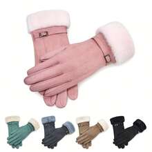 2pcs Women's New Multi-Color Winter Faux Suede Thermal Lined Warm Five-Finger Buckle Outdoor Touchscreen Gloves - Multicolor - View 2