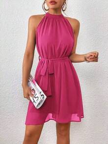 Sleeveless Solid-Color Halter Dress, Fashionable For Summer - Hot Pink - View 10