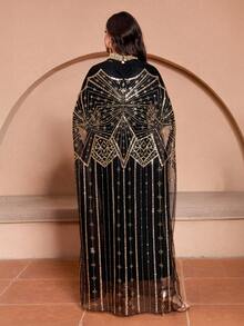 JINLICX Luxurious Women's Half Sleeve Abaya With Intricate Gold Beading Long Batwing Sleeve Design And Stand Collar Ideal For Evening Wear And Celebrations - Black - View 5