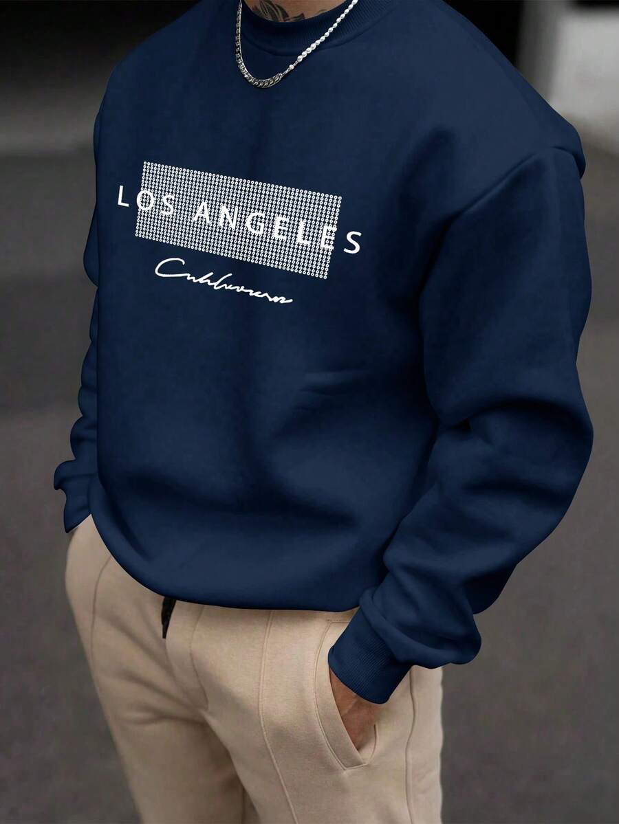 Men's Loose Fit Letter Graphic Crew Neck Casual Sweatshirt, Spring & Autumn, Long Sleeve Top - Navy Blue - View 1