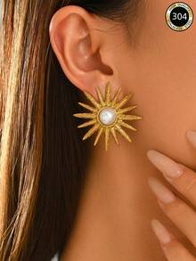 1 Pair Vintage Minimalist Stainless Steel Sunburst Faux Pearl Stud Earrings, Suitable For Women's Daily Commute, Party, Travel, Autumn/Winter Atmosphere Accessory - Gold - View 4