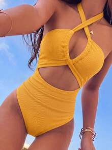 2026 New Fashion Halter Neck Hollow Out Vacation Women's One-Piece Swimsuit Beach Summer - Turmeric - View 1