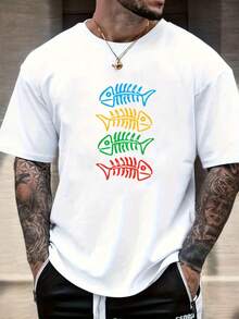 Red Background With Colorful Fish Scale Herringbone Pattern, Breathable, Men's Summer Beach Casual Loose Short-Sleeve Unisex Summer T-Shirt Tops Tops - 白色 - 查看 1