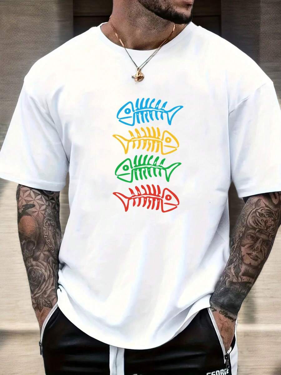 Red Background With Colorful Fish Scale Herringbone Pattern, Breathable, Men's Summer Beach Casual Loose Short-Sleeve Unisex Summer T-Shirt Tops Tops - 白色 - 查看 1