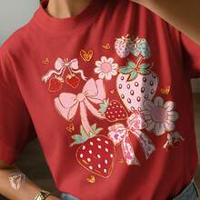 Camiseta Vintage Estampada Feminina | Morangos, Laços e Flores Kawaii - 100% Algodão Envio Imediato Mood Vest - Vermelho - Visão 2