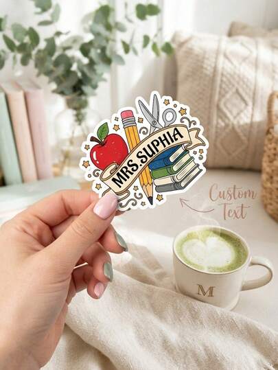 5/6/8pcs Personalized Custom Teacher Name Sticker,Custom Text Apple Pencil Book Pattern Decal,Cute Classroom Decor Sticker,Teacher Appreciation,Back To School,Holiday Gift For All Teacher,Laptop Water Bottle Notebook Tumbler DIY Decor Sticker