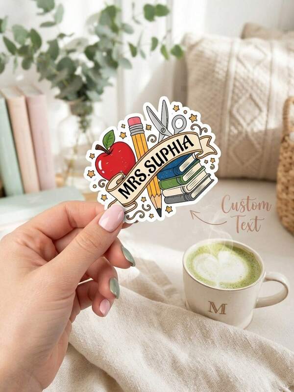 5/6/8pcs Personalized Custom Teacher Name Sticker,Custom Text Apple Pencil Book Pattern Decal,Cute Classroom Decor Sticker,Teacher Appreciation,Back To School,Holiday Gift For All Teacher,Laptop Water Bottle Notebook Tumbler DIY Decor Sticker