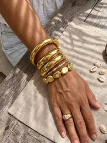 6pcs/3pcs Fashion Elegant Exaggerated Old Money Style Vintage Heavy-Duty CCB Elastic Bamboo Knot Asymmetrical Beaded Bracelet Stackable Metal Glossy Plain Bangle Set Small Medium Large Minimalist Personalized High-End Y2K Chunky Bracelet Suitable For Women Summer Beach Vacation Party Date Gathering Gift Daily Wear Versatile Jewelry - Yellow Gold - View 2