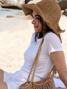 1pc Women's Foldable Wide Brim Sun Hat, Lightweight Khaki Straw Hat, Suitable For Summer Travel, Portable Design Bucket Hat, Best Back To School Gift - Multicolor - View 7