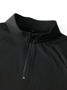 Men's Black Half-Zip Stand Collar Long Sleeve T-Shirt, Raglan Sleeve, Minimalist Commute Solid Color Basic Pullover Layering Base Top - Black - View 8