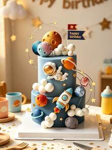 Star Planet Metal Wire Flag Cake Topper, Baby 100 Days Celebration Dessert Table Decor, Baby Boy Baptism Birthday Dessert Decoration - Multicolor - View 4
