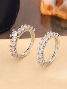 Fashion Minimalist Versatile Couple Rings 2pcs Set Premium Artificial Zirconia Inlaid Couple Ring Bands Suitable For Women's Daily Wear - Silver - View 7