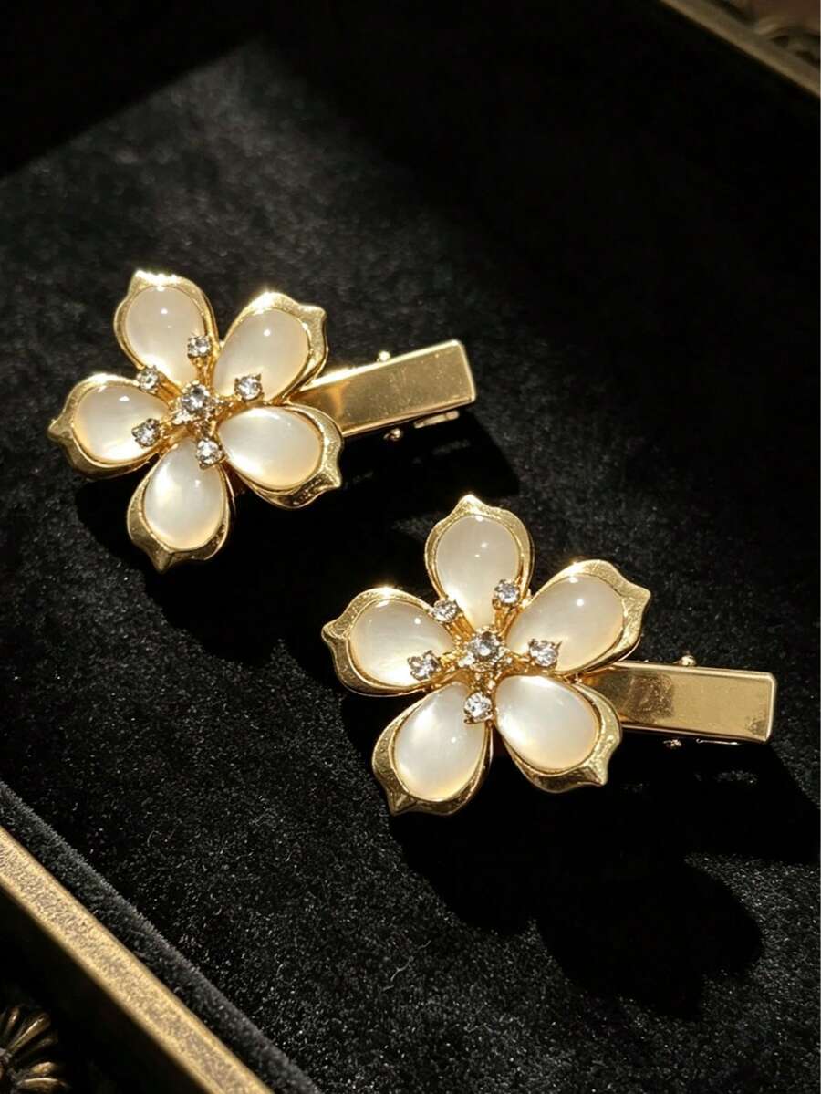 2pcs Luxury Gold Cat Eye Stone Rhinestone Flower Hair Clips, Vintage Gentle Floral Metal Edge Clips, Versatile Hair Accessories Gift For Women's Party And Wedding - Multicolor - View 1
