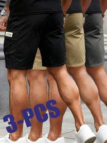 3件組男士夏季戶外工作服聚酯纖維短褲，多口袋街頭風休閒五分褲 - 彩色 - 查看 2