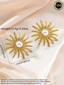1 Pair Vintage Minimalist Stainless Steel Sunburst Faux Pearl Stud Earrings, Suitable For Women's Daily Commute, Party, Travel, Autumn/Winter Atmosphere Accessory - Gold - View 2