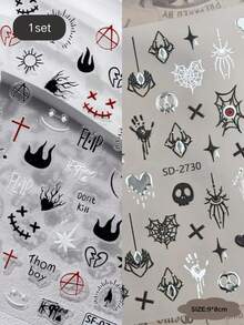1 Set Ins Punk Dark Halloween Embossed Decorative Stickers, Spider Web, Skull Palm, Flame And Gothic Pattern Combination Design, Black White Red Color Scheme With Cool Vibe, Firm Adhesion And Scratch-Resistant, Suitable For Digital Shells, Storage Boxes, Planner Decoration Room Decor Home Decor Halloween Decor - 1 Set Punk Dark Spider Web - View 6