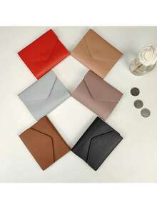 1 pieza,Cartera de mujer de unicolor de cuero PU con tres pliegues, botón de presión, mini monedero para tarjetas con ventana para identificación - Multicolor - Ver 6
