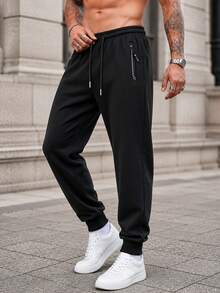 Men's Colorblock Zipper Pocket Jogger Sweatpants, Elastic Drawstring Waist Ribbed Cuff Casual Streetwear Sports Jogging Pants - Black - View 1
