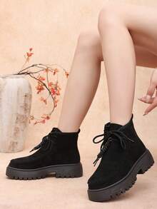 Women's Fashion Round Toe Black Lace-Up Slip-On Thick Sole Ankle Boots, Autumn/Winter, Plus Size - Black - View 6