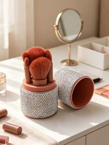 1 Set Rhinestone-Encrusted Cylindrical Makeup Brush Holder, Full Rhinestone Sparkling Craftsmanship Surface With Exquisite Pink Inner Lid Design, Large Capacity To Store Makeup Brushes, Foundation Brushes, Eyeshadow Brushes, Blush Brushes And Other Makeup Tools, Also Suitable For Lipsticks, Eyelash Curlers And Other Cosmetic Tools, Perfect For Vanity, Makeup Table, Bathroom Countertop And Bedroom Desk - Pink - View 11
