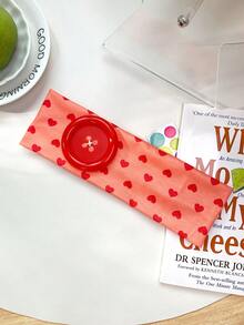 1pc Y2K Dopamine Colorful Heart Print Wide Headband With Oversized Button, Niche Handmade Stitched Design, Millennium Hot Girl Energetic Sweet Cool Girl Aesthetic Accessory - Multicolor - View 13