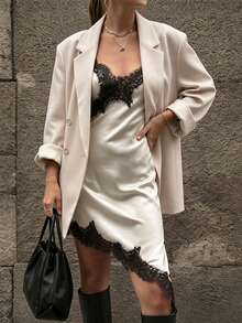 Women's Autumn/Winter Fashion Light Commute Oversized Padded Shoulder Mid-Length Single-Breasted One-Button Long Sleeve Blazer Jacket With Lining - Beige - View 3