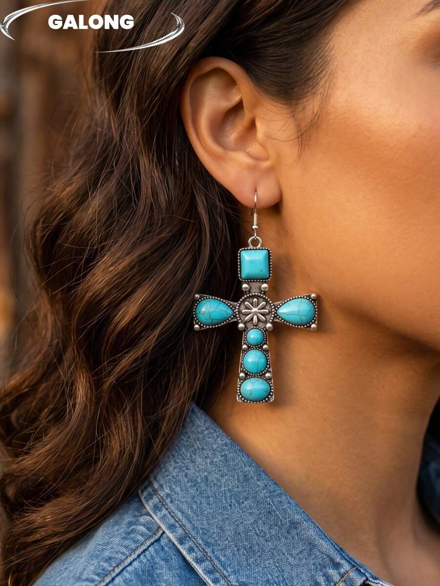 1 Pair Turquoise Cross Earrings Suitable For Daily Wear - Baby Blue - View 1