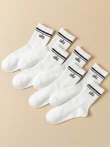 7 Pairs White Unisex Striped Letter Mid-Calf Socks, Comfortable Soft Women's Casual Tube Socks, New Versatile Sports Long Socks, Personalized College Style Student Socks - Multicolor - View 1