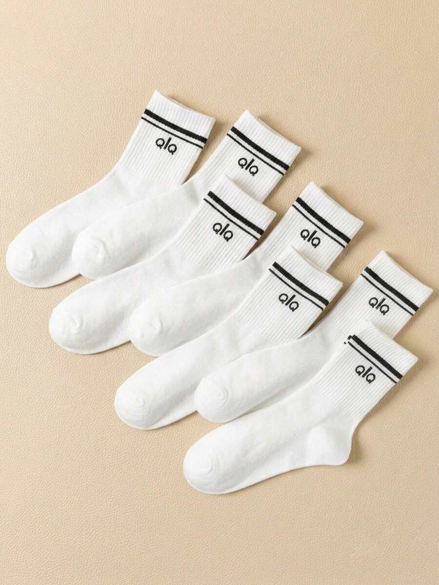 7 Pairs White Unisex Striped Letter Mid-Calf Socks, Comfortable Soft Women's Casual Tube Socks, New Versatile Sports Long Socks, Personalized College Style Student Socks - Multicolor - View 1