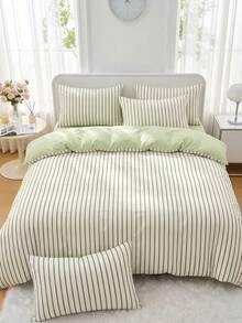 2/3 Piece Duvet Cover Set, Home Textiles, Minimalist Style, Green And White Striped, Comfortable And Breathable Bedding Set, Soft And Anti-Pilling, Without Duvet Insert, Suitable For All Sizes Of Large Beds, Applicable For All Seasons, Room Decoration - Multicolor - View 5