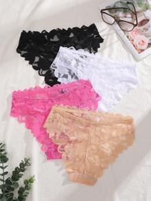 Aesletic 4pcs/Pack Women's Floral Full Lace Triangle Panties, Sexy Romantic Lingerie, Comfortable Sheer Fabric, Suitable For Spring And Summer - Multicolor - View 5