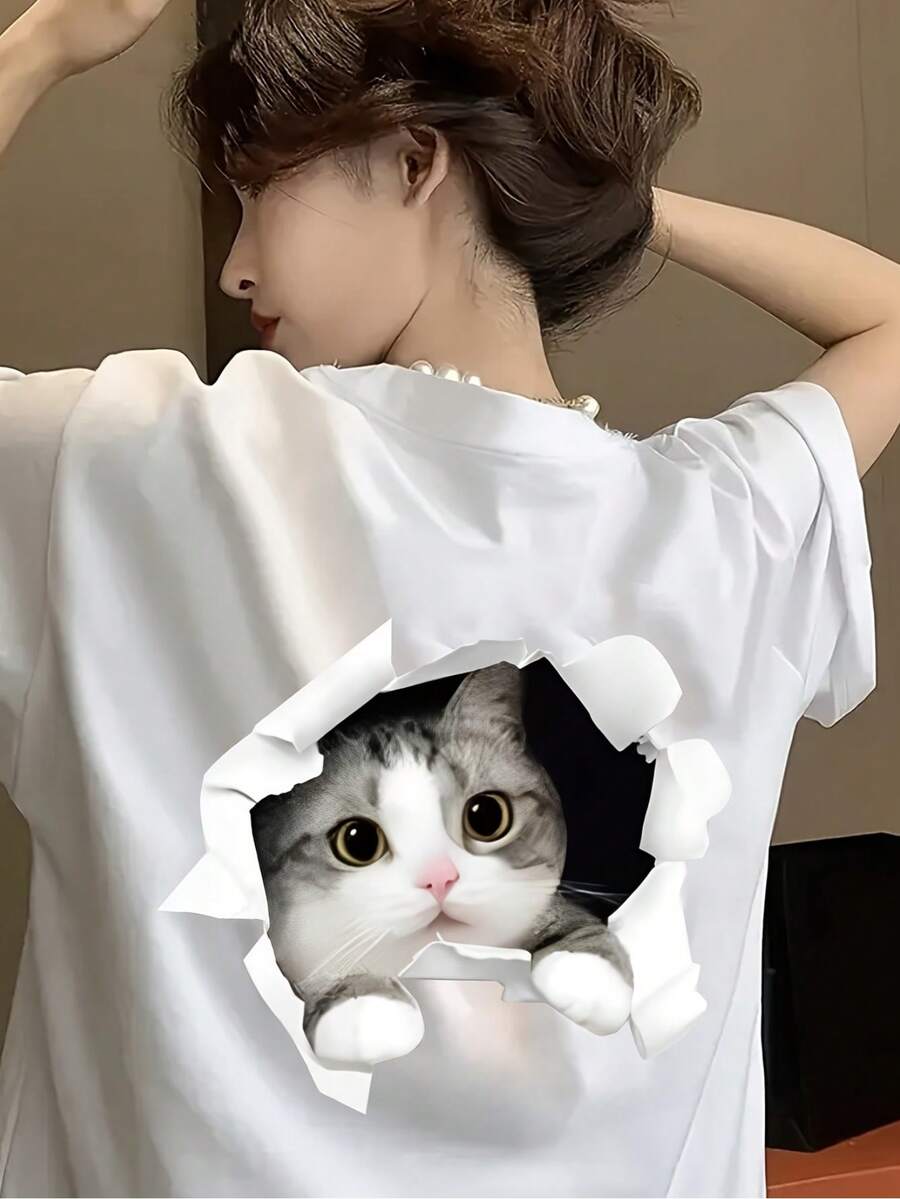 Women's Short Sleeve T-Shirt With Elegant Cartoon Print, Pure Fabric, Perfect Base Layer For Autumn, Fast Local Delivery - 白色 - 查看 1
