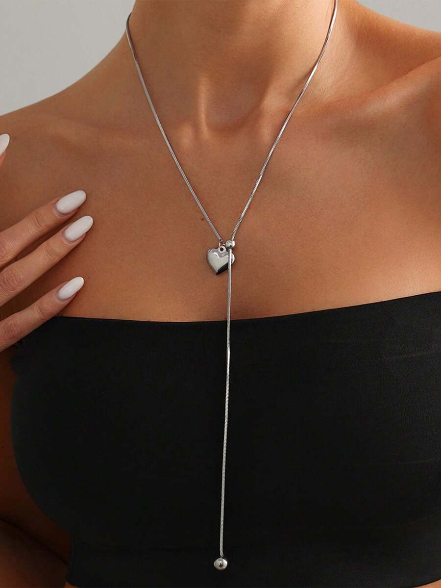 1pc Luxury Stainless Steel Snake Chain Pull Necklace, Fashion Y2K Heart Pendant Long Necklace, Suitable For Party, Vacation, Gift For Friends And Family, Daily Wear, Commute - Silver - View 1