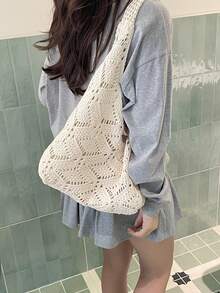 Borsa a tracolla da donna di grande capacità, borsa tote da shopping in stile bohémien intrecciata a mano in paglia - Bianco - Visualizzare 5