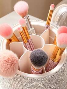 1pc Rhinestone Rotating Makeup Brush Holder Cosmetic Storage Rack Desktop Vanity Organizer Eyeshadow Brush Lipstick Holder Pen Holder, Rotating Dust-Proof Makeup Brush Storage Box Cosmetic Organizer Lipstick Eyeshadow Storage Rack Desktop Pen Holder - Silver - View 5
