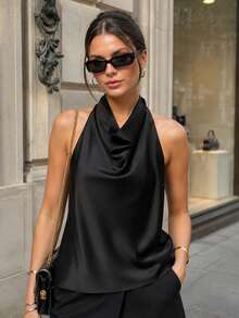 Halter Tops For Women Summer Tank Top Sleeveless Crop Tops Backless Vest Black Yellow Satin Cami Sexy Tops Going Out Tops Ladies Camisole - Black - View 2