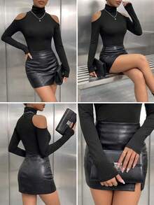 Women's Casual High Neck Cold Shoulder Slim Fit T-Shirt For Daily Wear , Fall Winter , Going Out - Black - View 6
