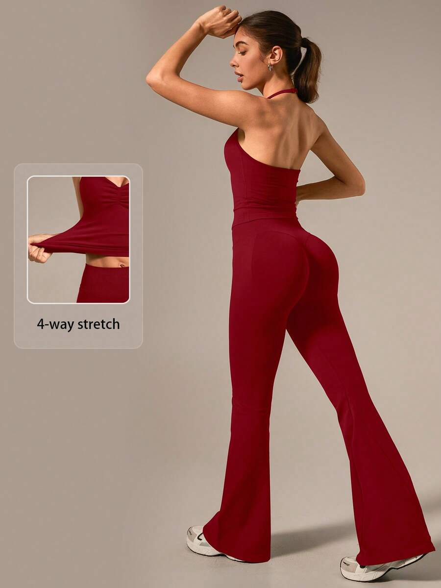 NcmRyu Women's One Set Solid Color V-Neck Halter Adjustable Strap Ruched Tank Top & Flare Pants Sports Set - Red - View 1