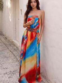 Vestido Maxi Arcoíris Elegante y Sexy sin Tirantes para Mujer, Falda de Cintura Ajustada con Abertura en el Muslo, Vestido de Verano - Azul - Ver 4