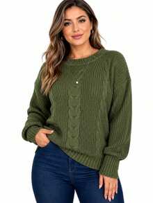 Suéter feminino de tricô com gola redonda e mangas compridas, em tecido semelhante à lã, com alta elasticidade e forro quente, ideal para outono e inverno. - Verde Oliva - Visão 3